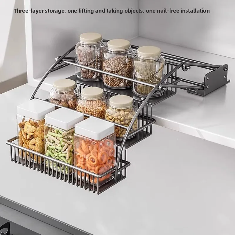 Pull-Down Cabinet Organizer Kitchen Overhead Spice Rack Retractable Shelf for Storage Lift System Space-Saving Condiment Holder