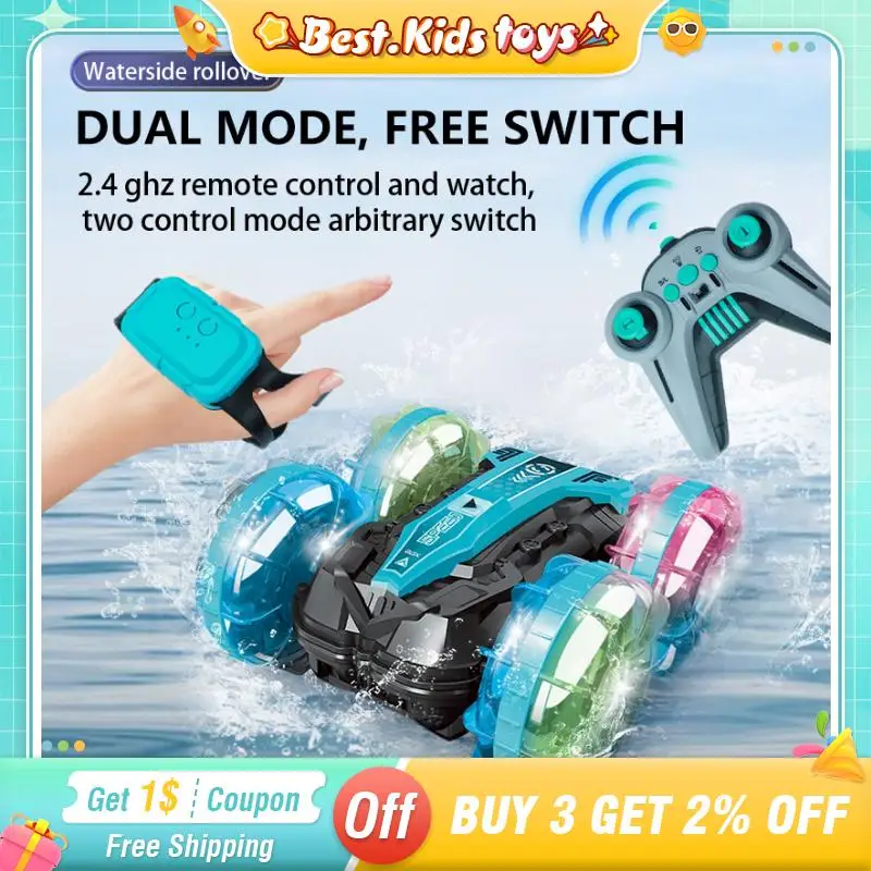 

2.4G Dual RC Drift Stunt Car Amphibious Gesture LED Light 7CH Watch Remote Control Off-road Water Land Vehicle Kids Toy Boy Gift