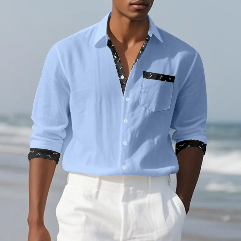 Outono e inverno novo linho de manga comprida camisa masculina simples impresso lapela casual topo masculino