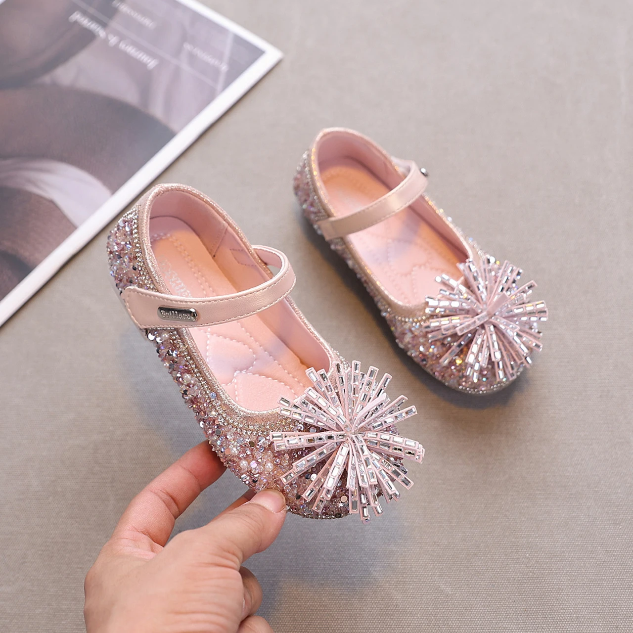 Little Girls Sparkly Rhinestone Mary Jane Shoes, Firework Bow Decor Hook and Loop Princess Dress Shoes for Party Wedding