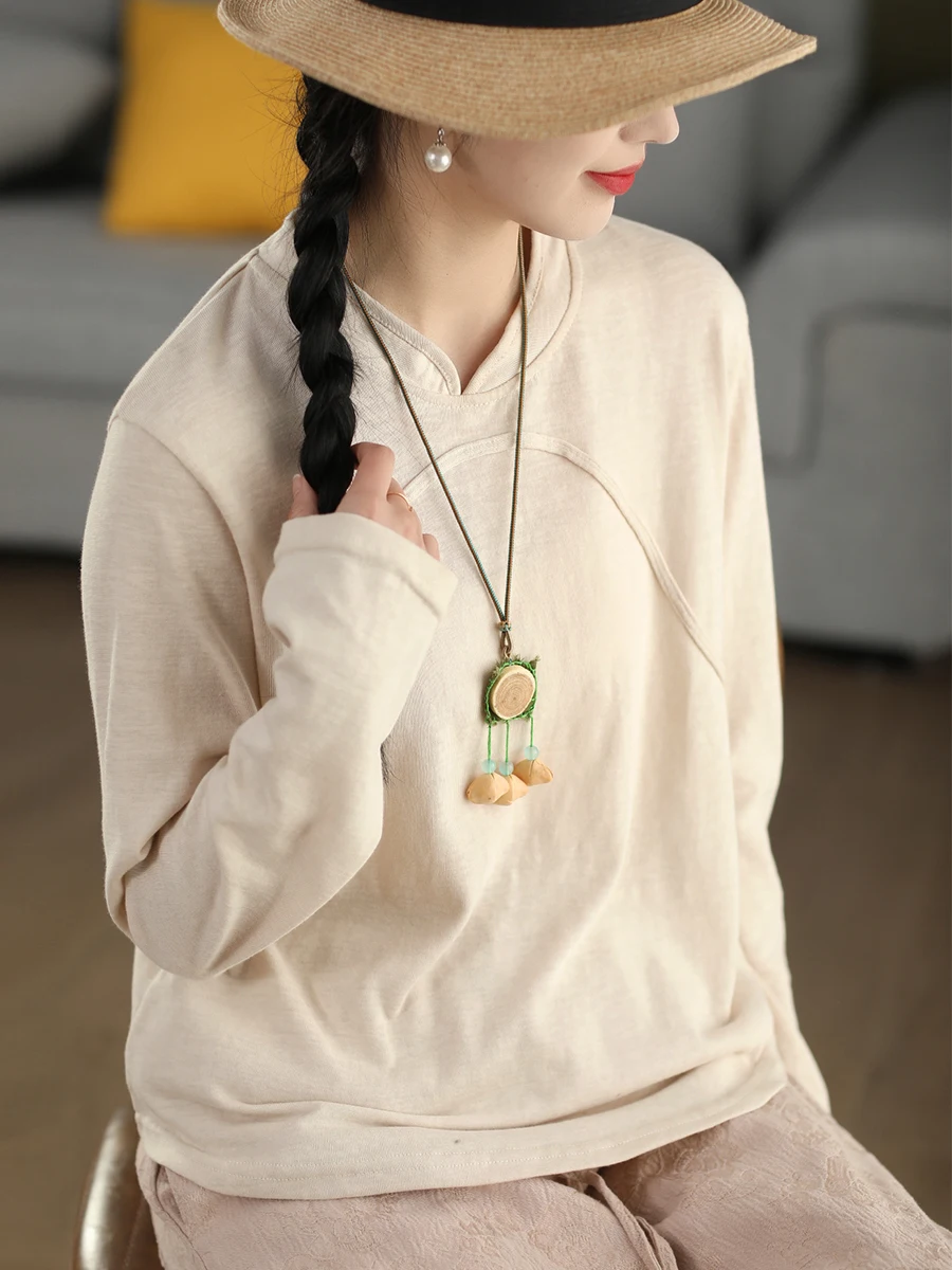 

Ретро-худи в китайском стиле с длинными рукавами для женщин, весенняя модная льняная футболка с узором снежинок, художественная внутренняя одежда, базовый слой