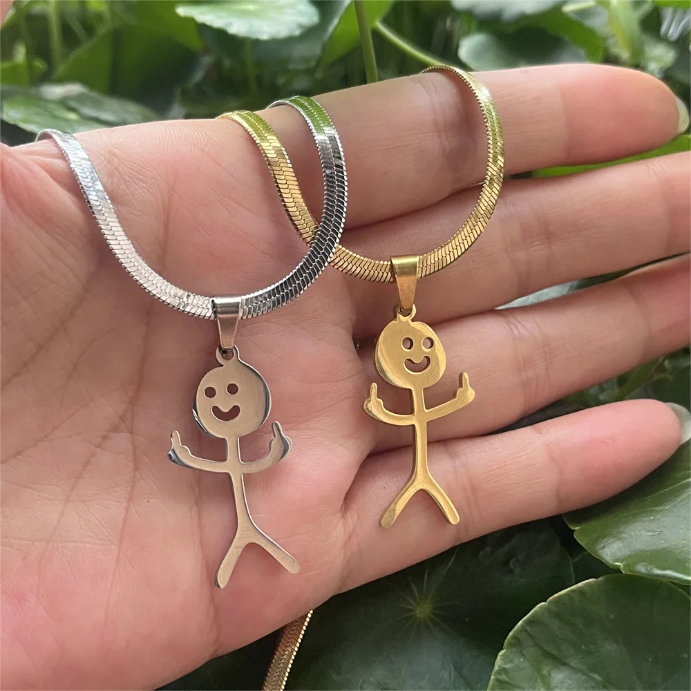 Fxck You Necklace Funny Doodle For Man Woman Stickman Middle Finger Blade Chain Rock Punk Pendant Stainless Steel Jewelry