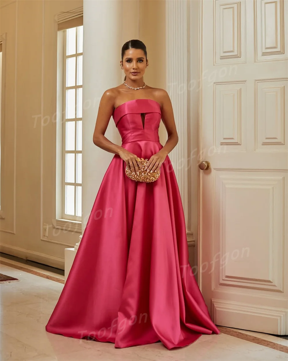 Toofgon rosa quente sem alças vestidos de noite personalizado drapeado cetim a linha formal vestidos de baile espartilho volta vestido de ocasião especial