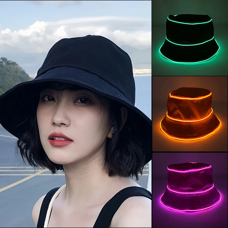 LED Glowing Cotton Summer Foldable Bucket Hat Unisex Women Outdoor Sunscreen Hat Hunting Beach Cap Men Fisherman Cap