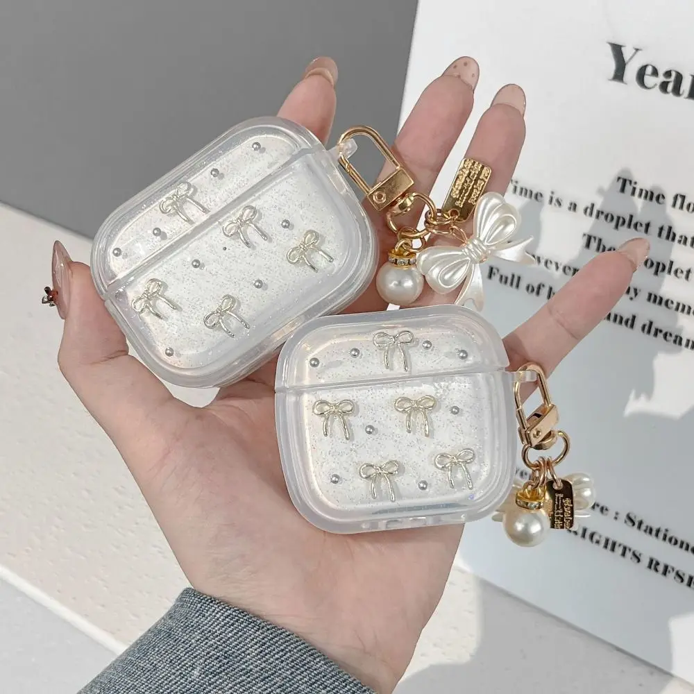 

Silver Bowknot Headphones Case with Pendant Clear Earphones Protective Shell TPU Soft Cover for Airpods 4/3/2/1/pro3/pro2/pro