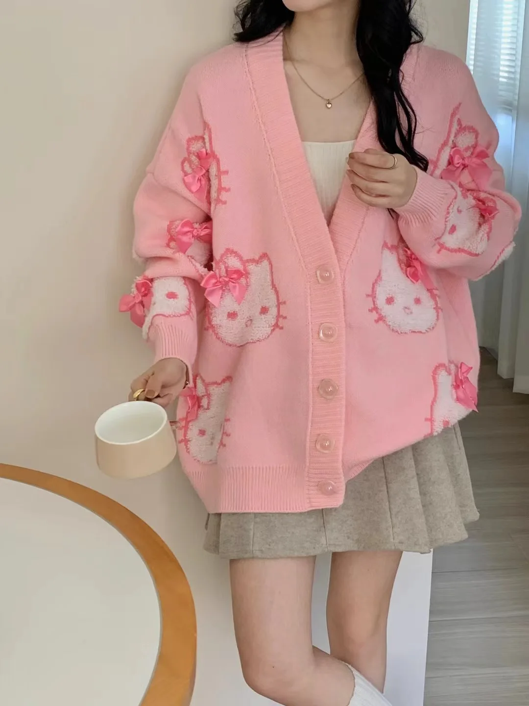 

Sanrio Hello Kitty Knitted Cardigan Sweater for Women Autumn Winter Single Breasted Vintage Coat Long Sleeve Oversized Sweaters