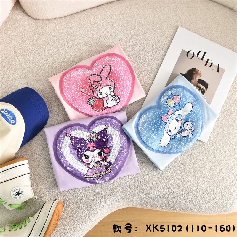 2024 New Girly Heart My Melody Cinnamoroll Anime Kawaii Sanrio T-Shirt Cloth Cute Kuromi Changing Face Short-Sleeved Kids Gifts