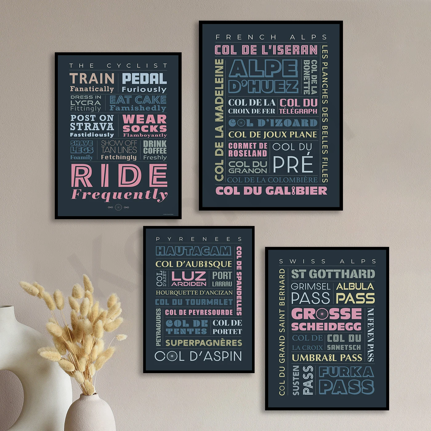 Alpes. Pirineos. Mallorca. Escalada icónica. Arte de la bicicleta. Póster de decoración de pared para el hogar
