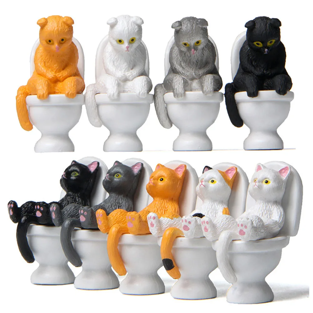 Funny Cat Figures Model Toilet Sitting Miniature Model Decoration Accessories High Simulation Vivid Expression Animal Cat Toy