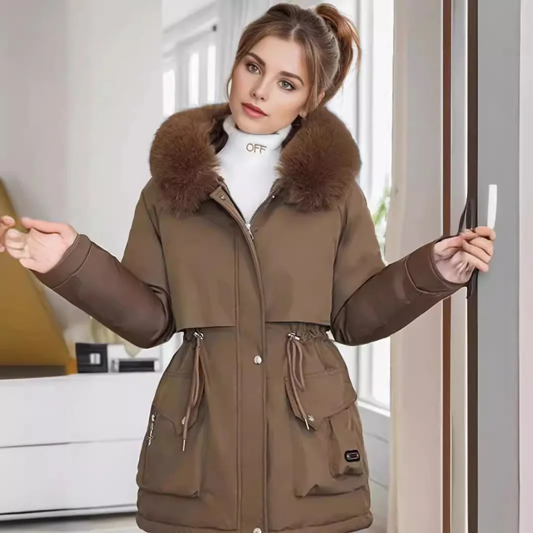 YJKDYK Women\'s Parkas Ccoats 2024 Winter Female Fur Collar Warm Cotton Jacket Women\'s Drawstring Waist Cinching Jacket Coats