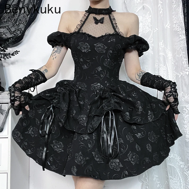 

Gothic Halter Neck Bow Dress Japanese 2000s Style Y2k Clothes Women Vintage Backless Cold Shoulder Print Lace Up Swing Dresses