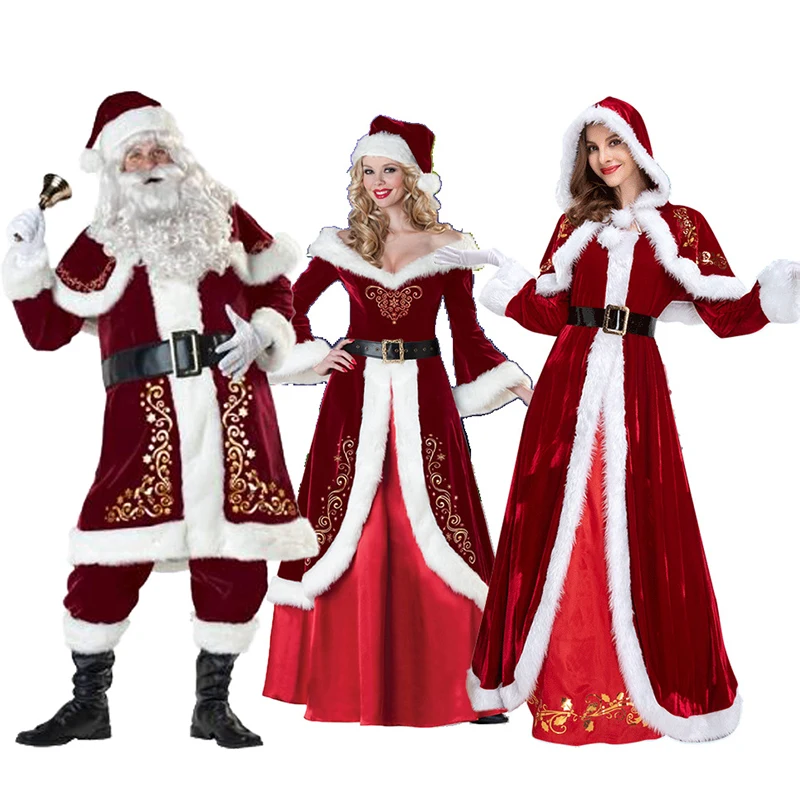 Kerst Kerstman Cosplay Kostuum Volwassen Vrouwen Jurk Pak Mannen Baard Top Broek Uniform Outfit Xmas Party Rollenspel