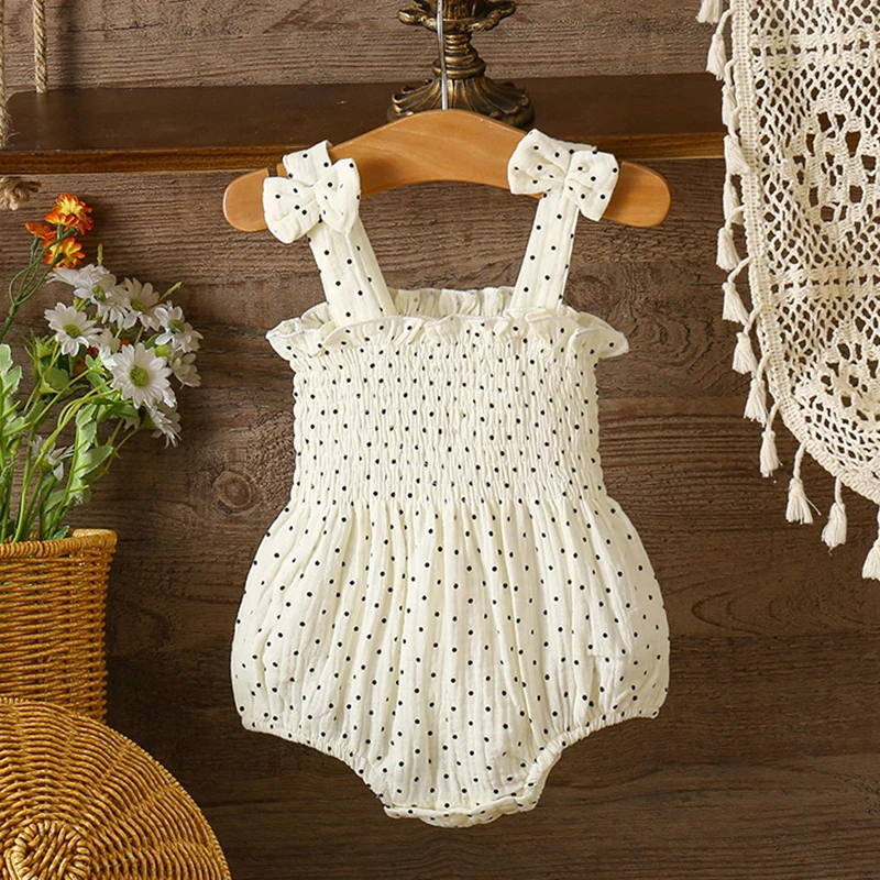Neue Baby Baumwolle Ärmellose Strampler Dot Kleidung Neugeborene Mädchen Kleidung Kleinkinder Blume Bogen Kinder einteiliges Bodys Sommer Outfit