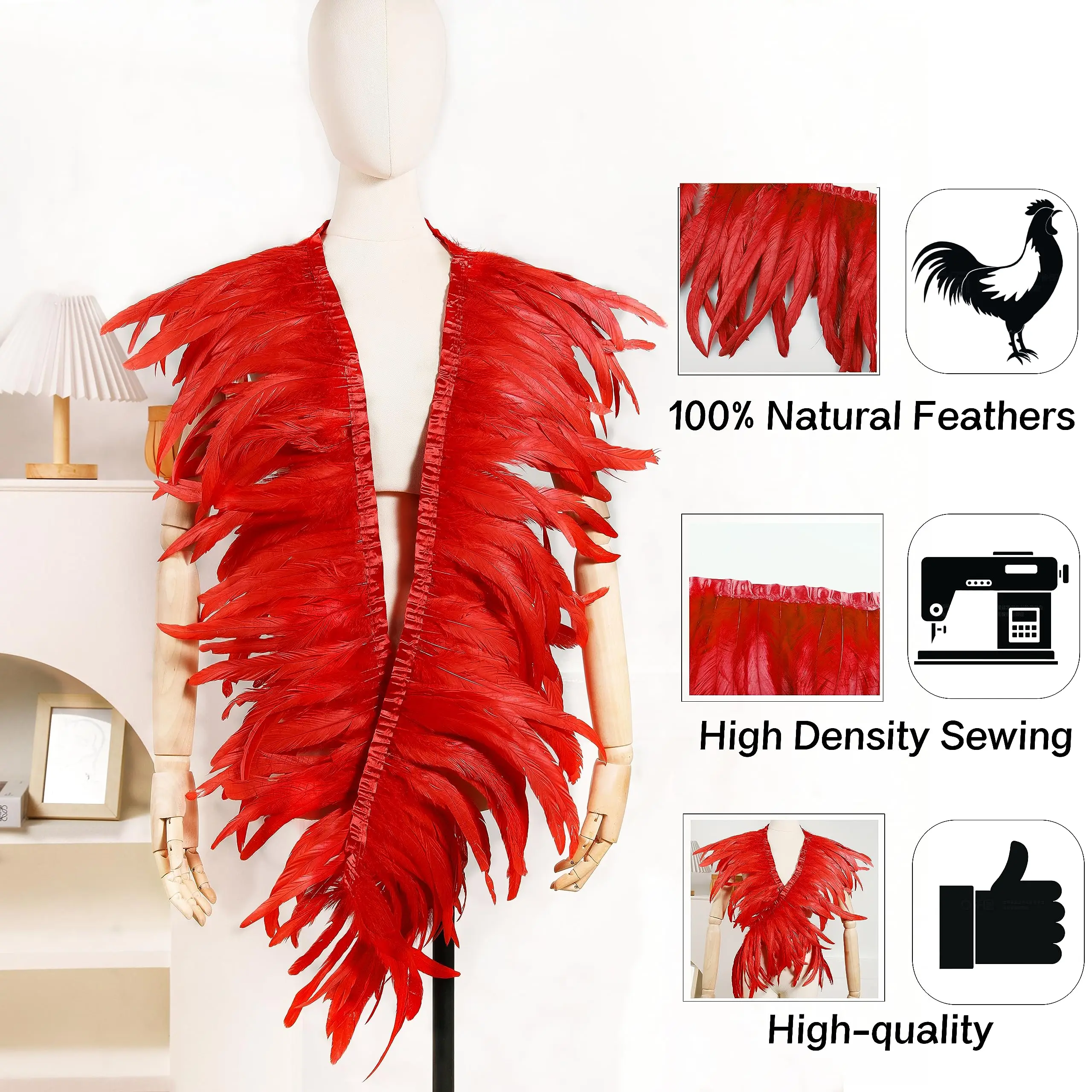 2 Meters Red Rooster Feather Fringe Natural Feathers Trim 25-30cm for DIY Crafts Halloween Cape Dress Wings Costume Design