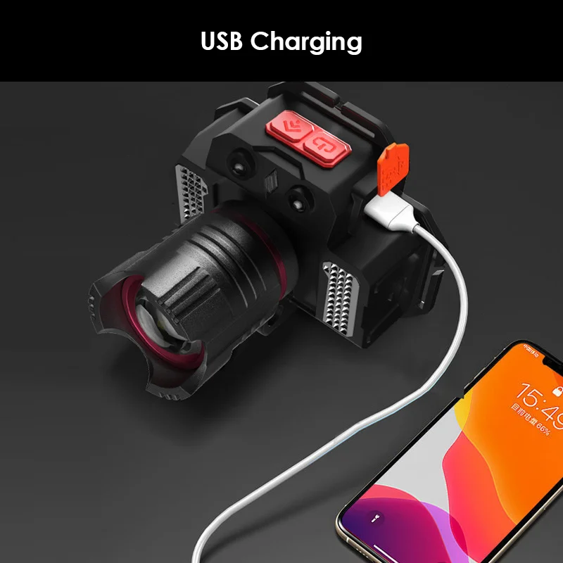 FISHING LED Head Flashlight USB Rechargeable Rotatable Zoom