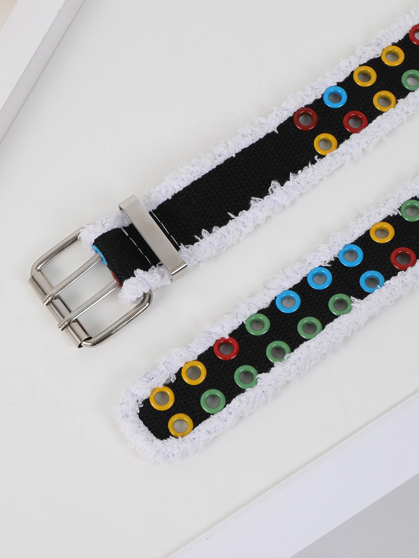 Thyryfy Black and White Frayed Distressed Colored Eyelet Buckle Belt Retro punk Style Unisex Casual Trendy Decorative Belt