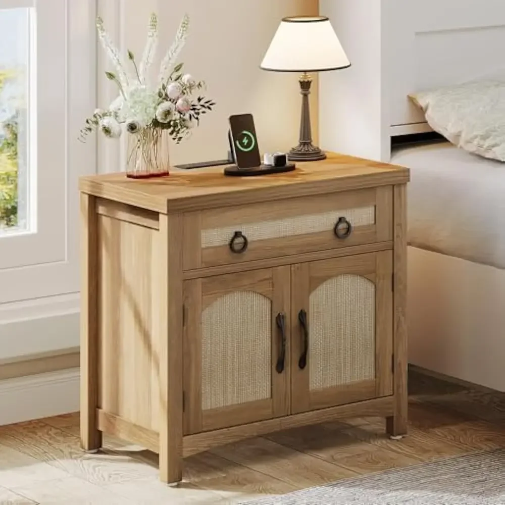 

Rattan Nightstand Set of 2 w/Charging Station, End Table w/2-Door Cabinet, Bed Side Table with Drawer, Storage Bedside Cabinet