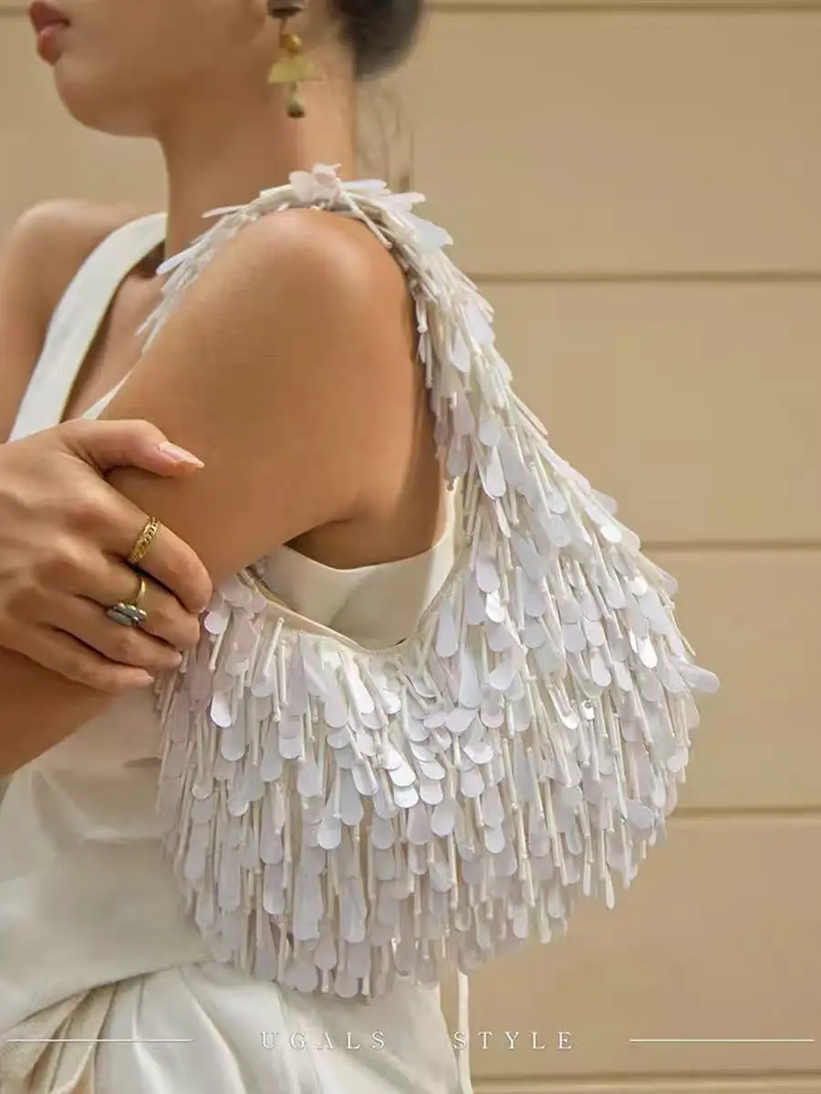 Fashion Beads Beading Tassel Women Handbag Glitter Sequins Handmade Shoulder Underarm Bag High Quality Luxury Clutch Purse