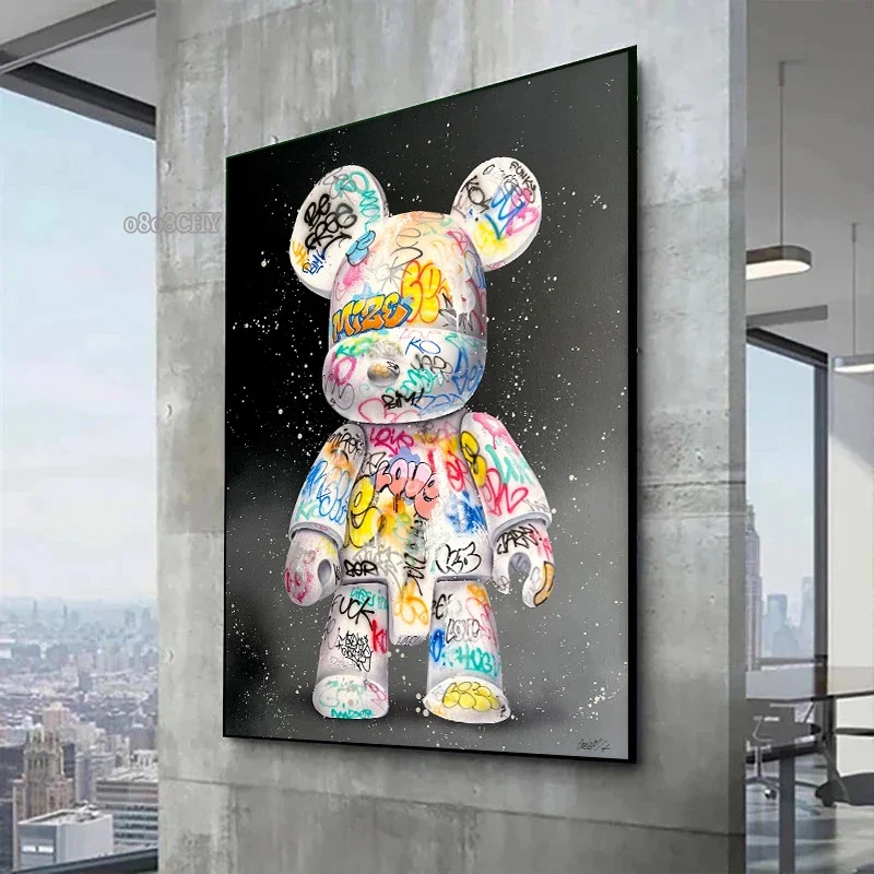 لطيف الدب الكتابة على الجدران قماش اللوحة شخصية كرتونية البوب الفن الملصقات يطبع الشارع جدار صورة فنية للمنزل Kawaii غرفة ديكور #3