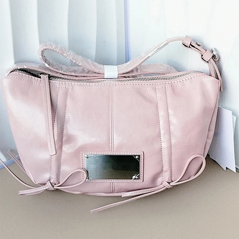 Bolso de hombro plisado semicircular para mujer, bandolera versátil de cuero suave con cordón, Color sólido