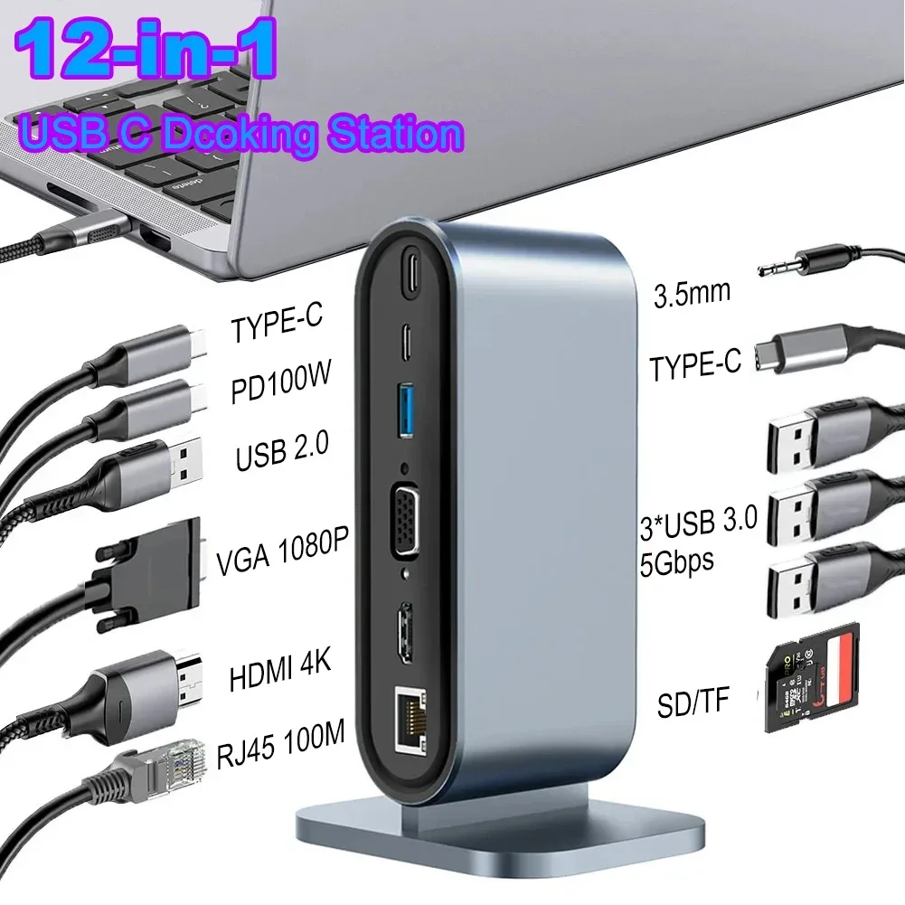 

12 in 1 USB C Docking Station USB C HUB TYPE C to HDMI-compatible Adapter PD 100W VGA RJ45 3.5mm SD TF USB 3.0 Splitter for Lapt