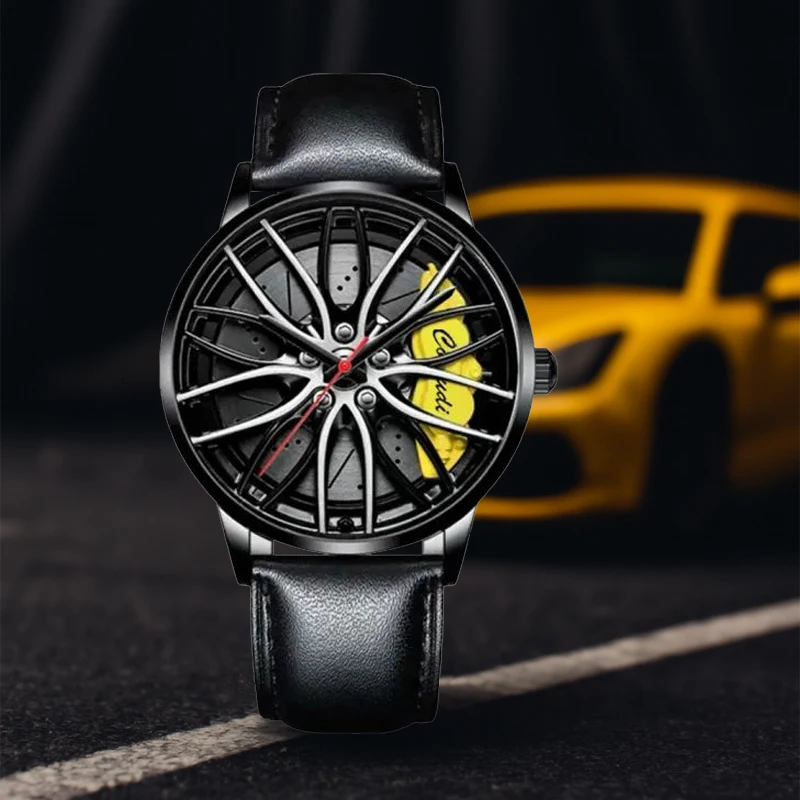 

Мужские модные модные гоночные часы с черным поясом и желтым суппортом в виде ракушки