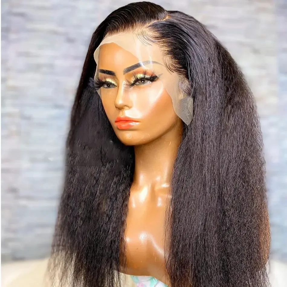 

180Density Yaki Kinky Straight Black 26Inch Lace Front Wig For Women BabyHair Heat Resistant Glueless Preplucked Daily