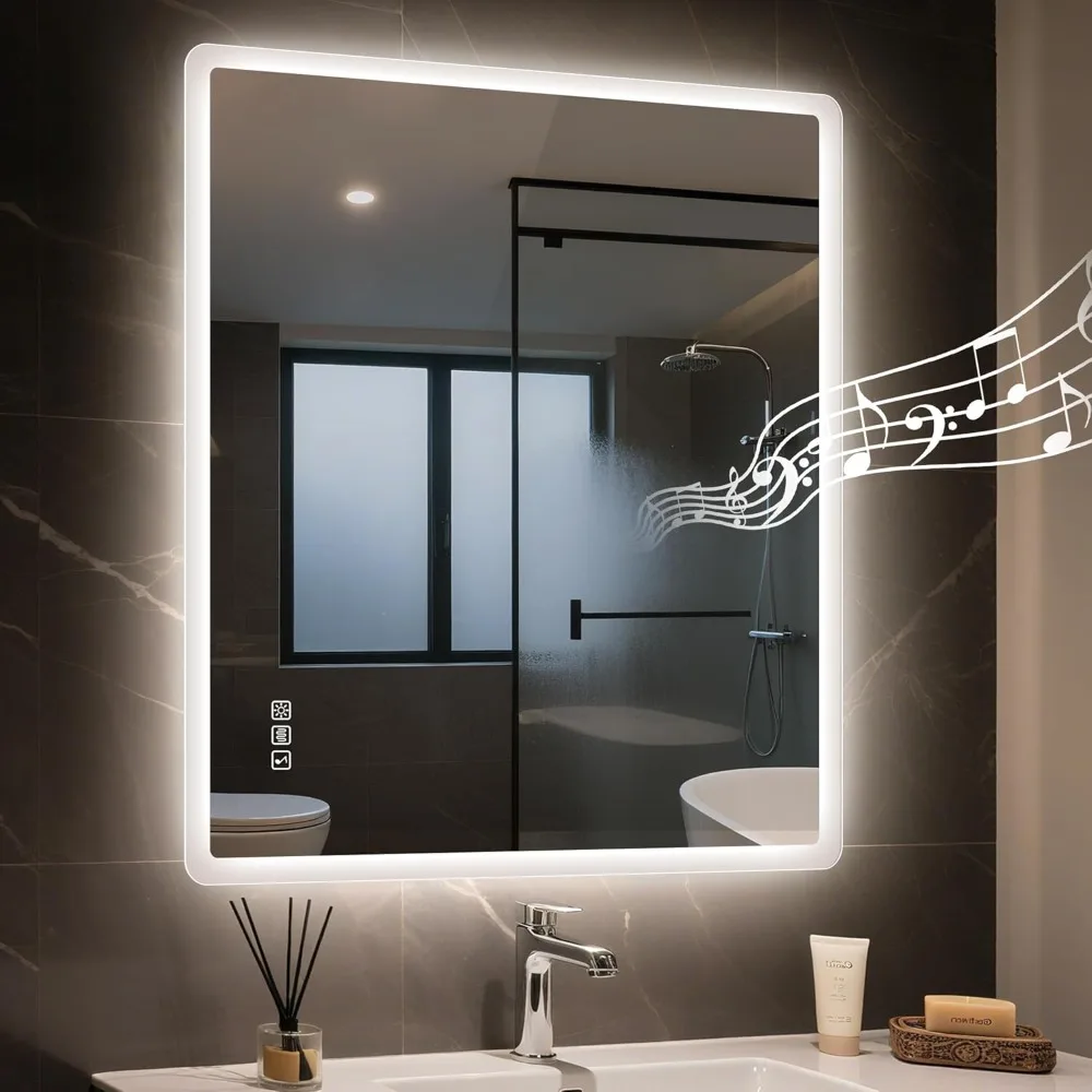 

20"x28" LED-Bathroom-Mirror-with-Lights, Wall-Mounted with Bluetooth Speaker, Anti-Fog, 3 Color Temperature, Dimmable Brightness