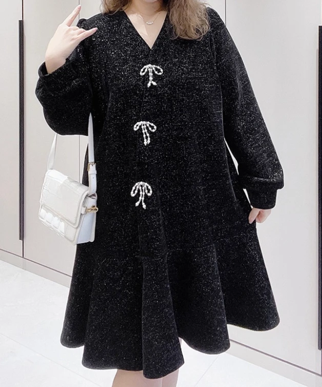 Große Größe Weiblichen Frühling Herbst Spleißen Rüschen Elegante V-ausschnitt A-linie Fee Kleid Süße Lose Langarm Schwarz Freizeit Kleider