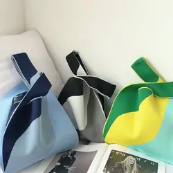 Bolso de mano de punto con patrones geométricos, hecho a mano bolso de mano de alta capacidad, bolso de muñeca con nudo, bolso de mano para estudiantes