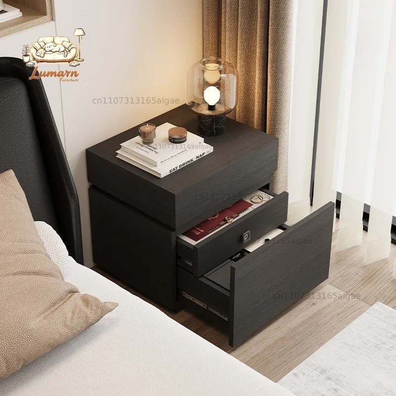 Solid wood bedside table Minimalist bedroom with hidden drawers Locker fingerprint lock Bedside cabinet