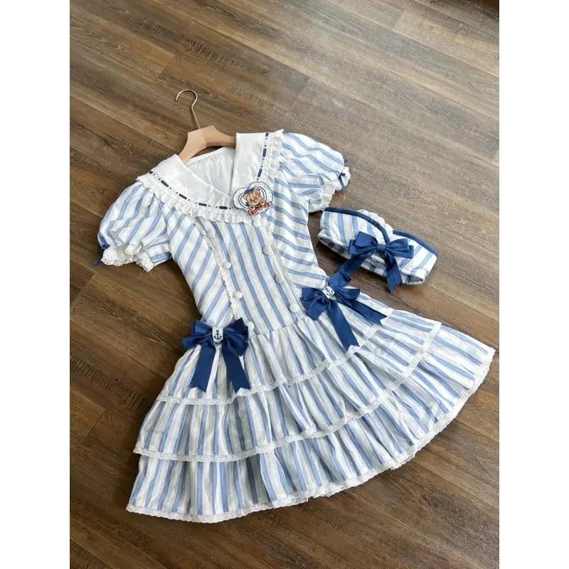 Verão doce lolita vestido de marinheiro para meninas feminino azul branco listra arco plissado em camadas saia puff manga kawaii bonito outfit 2025