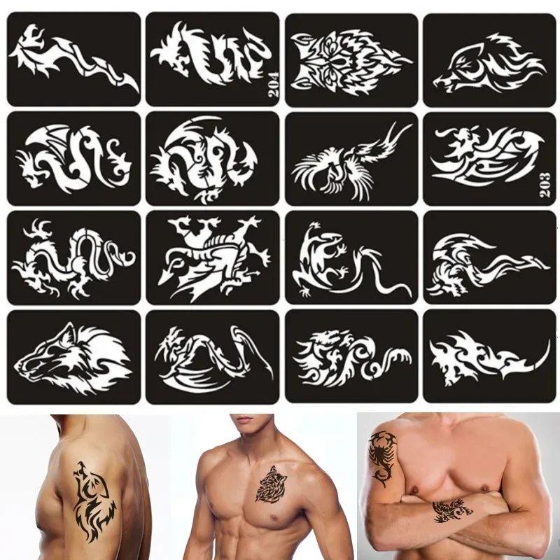 Large Temporary Henna Tattoos Stencils for Men Women Wolf Tiger Reusable Airbrush Glitter Stencils Templates Arm Leg Body Party