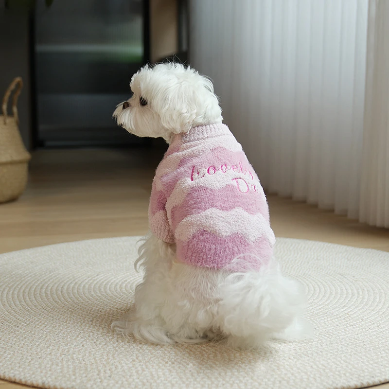 Pet Clothing Autumn Winter Water Ripple Knitted Sweater Half Flannel Pullover Knitted Sweater Embroidered Legs Warm Jacket