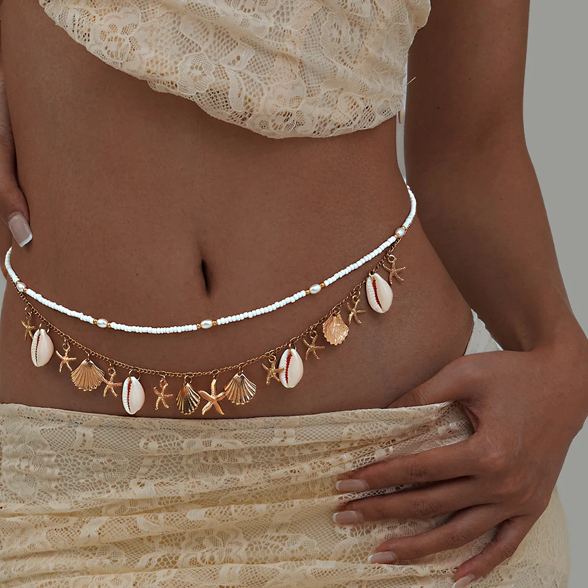 Body Chain Shell Fan Star Beaded Tassel Pendant Ocean Resort Vacation Durable Lightweight Adjustable Premium Silver Tone Alloy