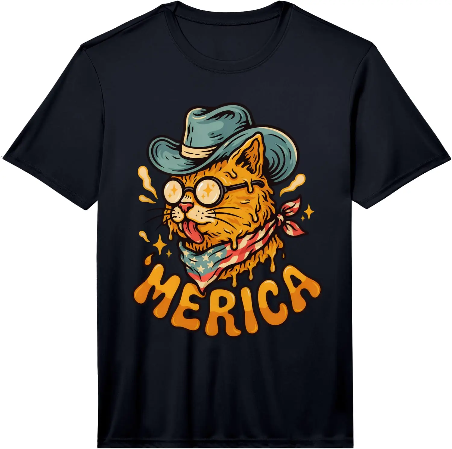 Mens 'Merica Psychedelic Cat Summer Party Southern Pride Humorous Performance T-Shirt 100% Cotton Trendy Y2K Short-Sleeve Tee –