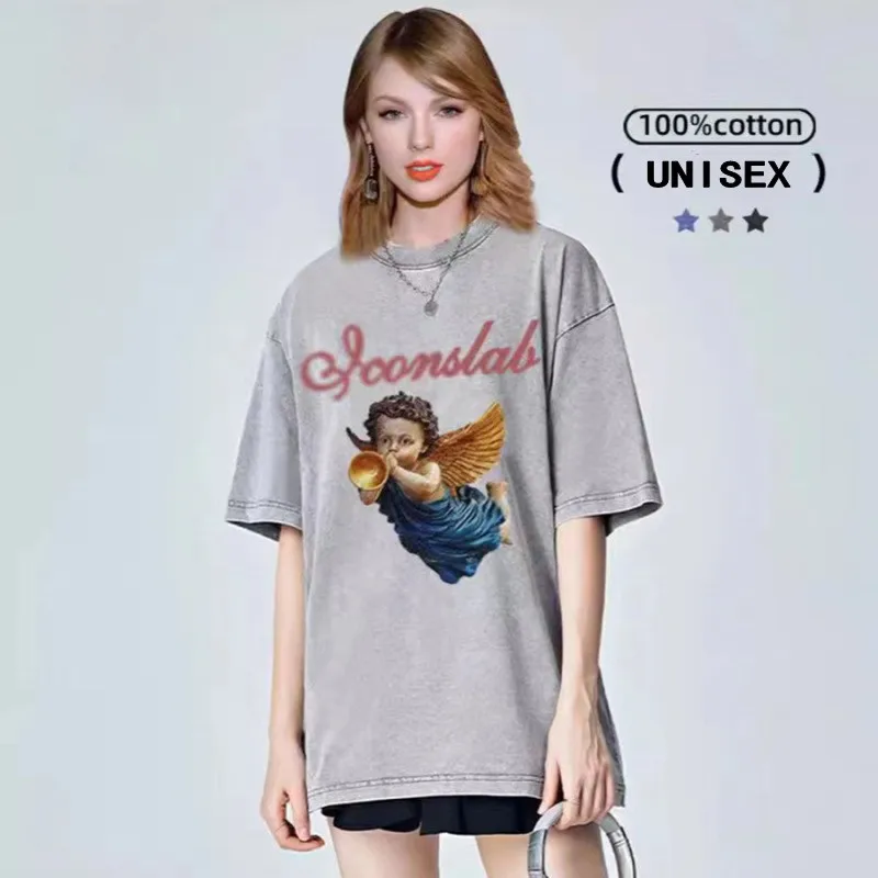 Summer New Large Street Clothing Unisex Oversized Top T-Shirt Print Vintage Washed Cotton T-Shirt Short Sleeve T Shirt