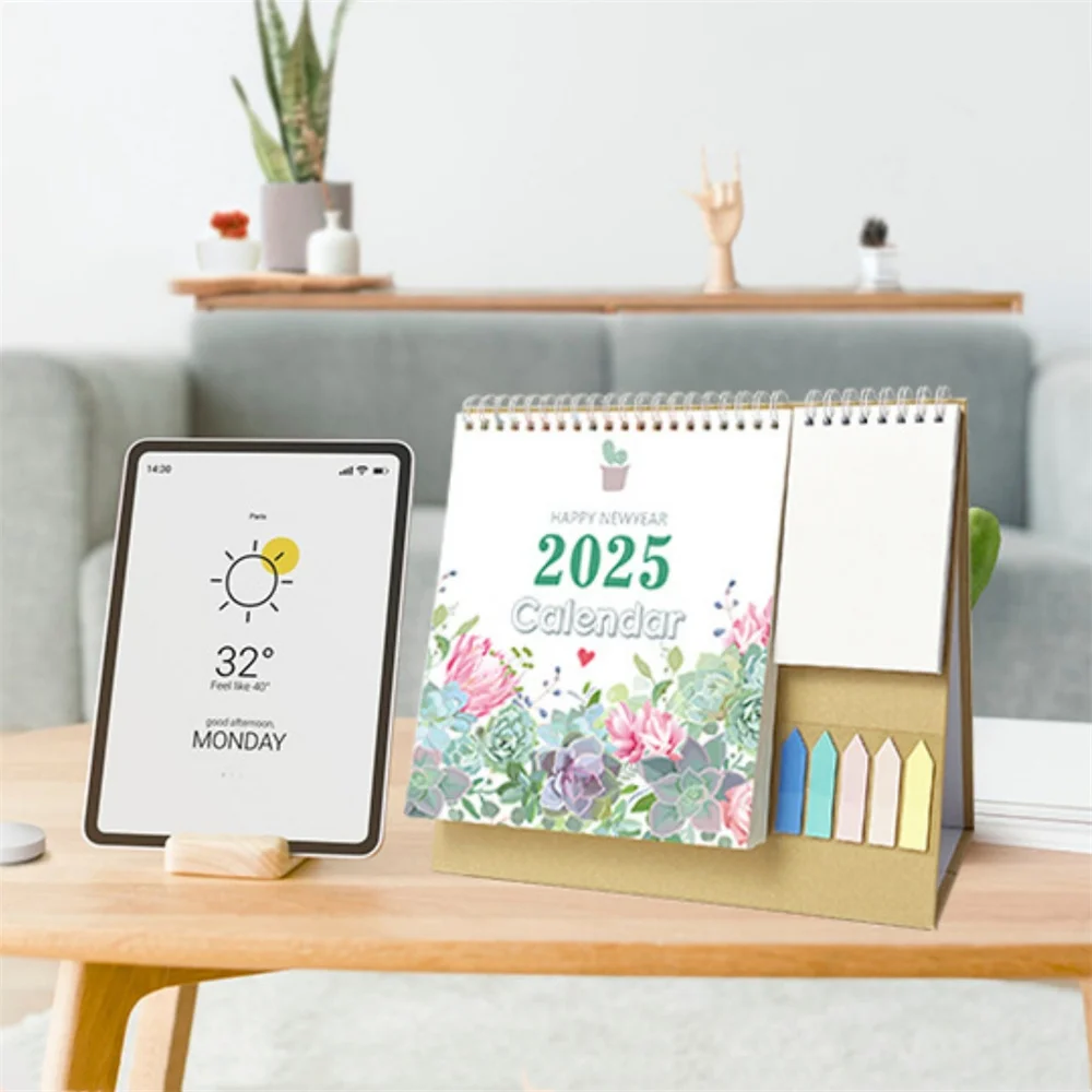 2025 English Desk Calendar With Pocket Notepad Labels Notes Monthly Schedule Planner Desktop Loose-Leaf Ring Calendar Ornaments