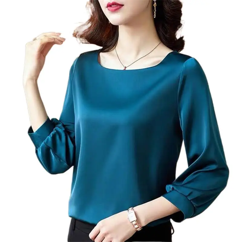 Silk Shirts Women nine quarter Sleeve Shirts Women Satin Clothing Shirt Office Lady Solid Silk Blouse 2024 Fashion Top mujer