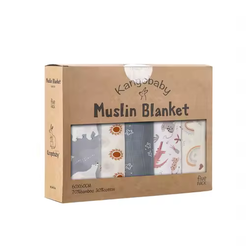 Kangobaby #My Soft Life# 5 Pieces Pack Multi-Functional Bamboo Cotton Muslin Blanket Baby Burp Cloth Set - Image 8