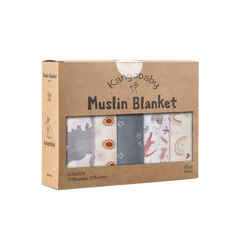Kangobaby #My Soft Life# 5 Pieces Pack Multi-Functional Bamboo Cotton Muslin Blanket Baby Burp Cloth Set - Image 8