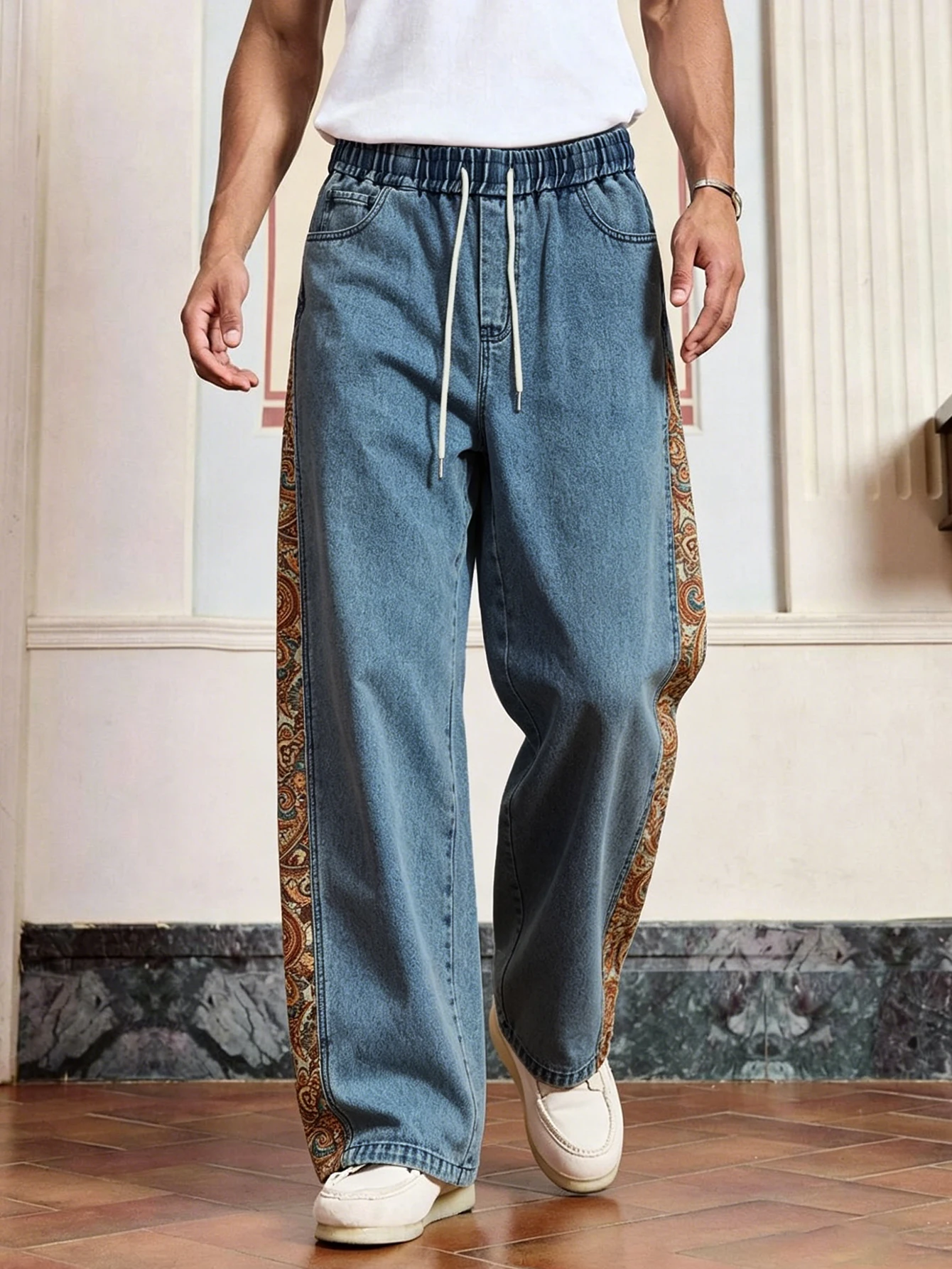 

2026 Summer New Men Denim Style Spliced Pants,Embroidery, Elastic Drawstring Waist Loose Straight Casual Street Trousers
