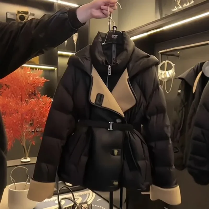 

Fashion Black Spliced Cotton Coat Winter Woman Thicken Parker Hooded Mid Long Styles with Belt Slim Warm Jackets Single Breasted