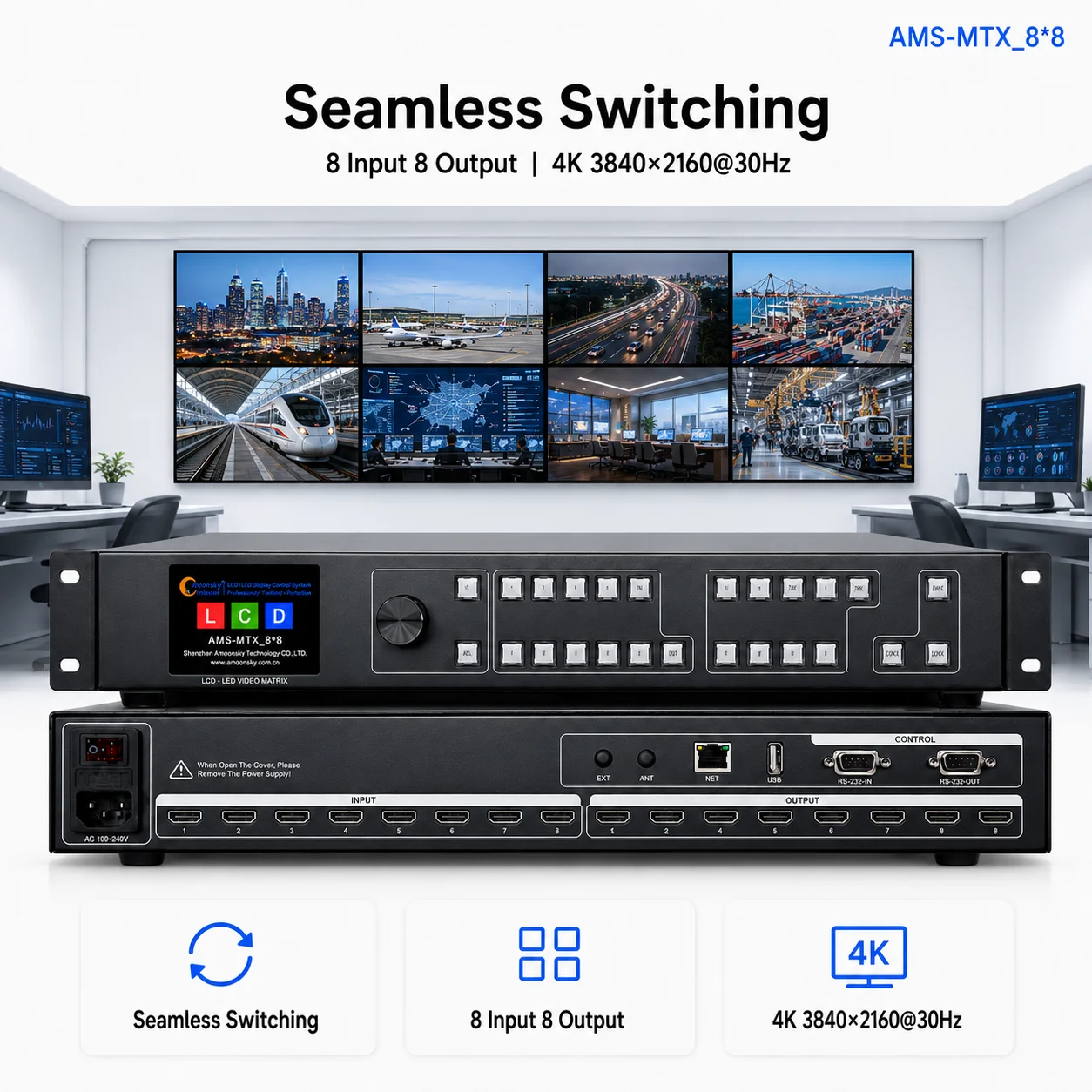 AMS-MTX_8-8 4K30Hz Matrix Switcher 8X8 Professional Rack HD Matrix Switch Splitter Splicer