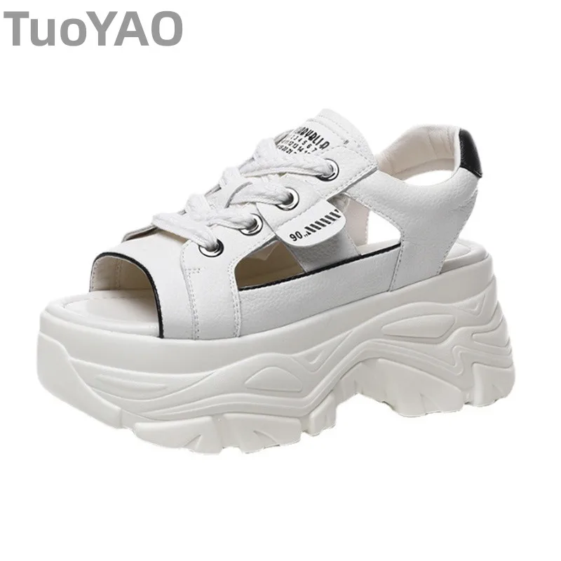 

8cm Natural Cow Genuine Leather Loafer Hollow Women Sandals Vulcanize Platform Flats Comfy Chunky Sneaker Summer Shoes