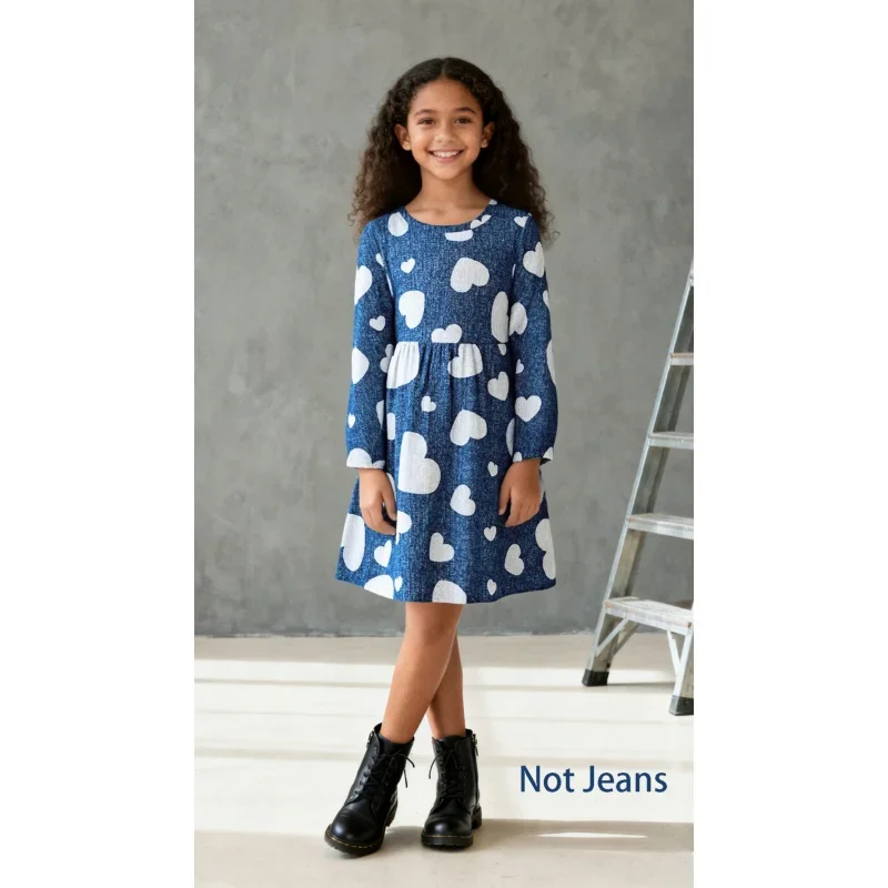 

2025 Hot Selling Girls' Long Sleeve Love Printed Casual Dress - Fashion Imitation Denim Style Children's A-shaped Dress