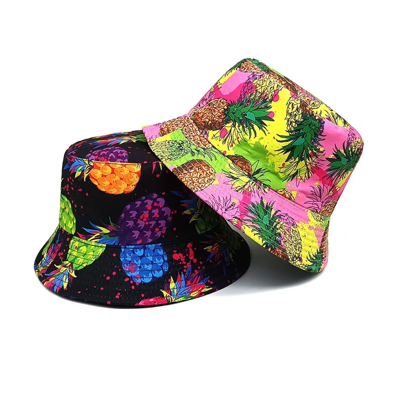 2024 Four Seasons Polyester Cartoon Pineapple Print Bucket Hat Fisherman Hat Outdoor Travel Sun Cap for Men and Women 272