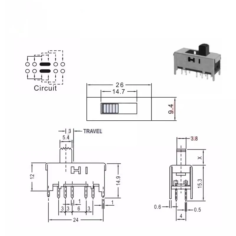 SS-24F01 interruptor de alavanca, 2 linhas, quatro velocidades, interruptor de rádio 2P4T, alto-falante, amplificador de potência interruptor deslizante, 5pcs por lote