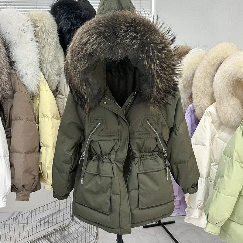 

Short Puffer Jacket Women 90% Duck Down Coat Huge Real Raccoon Fur Hooded Winter Thicken Female Feather Parkas 2023