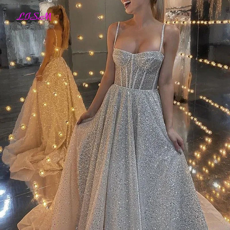 Silver Sequins Prom Dresses A-Line Long Prom Party Gown Sweetheart Straps Sleeveless Evening Dress Vestido De Fiesta